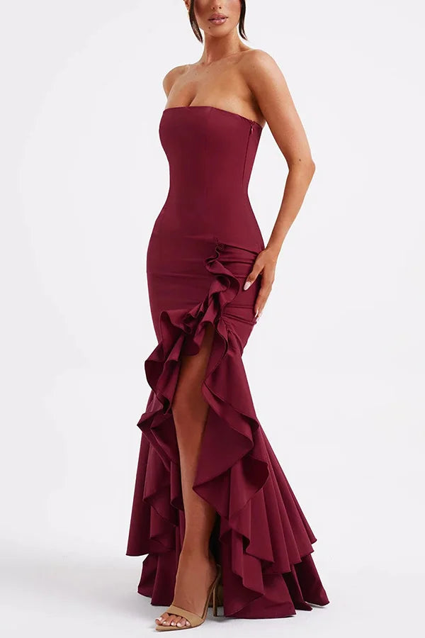 Women’s Strapless Ruffle Corset Maxi Dress with Asymmetrical Hem