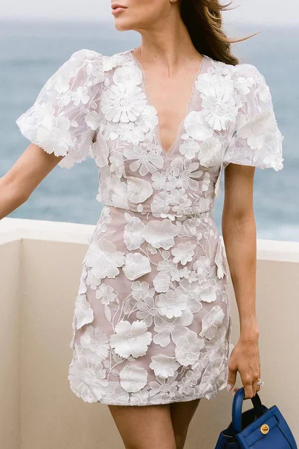Women’s Floral Embroidered Puff Sleeve Mini Dress