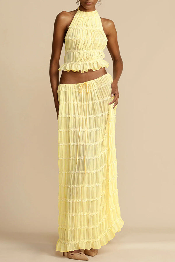 Women’s Ruched Two-Piece Set with Halter Top & Maxi Skirt