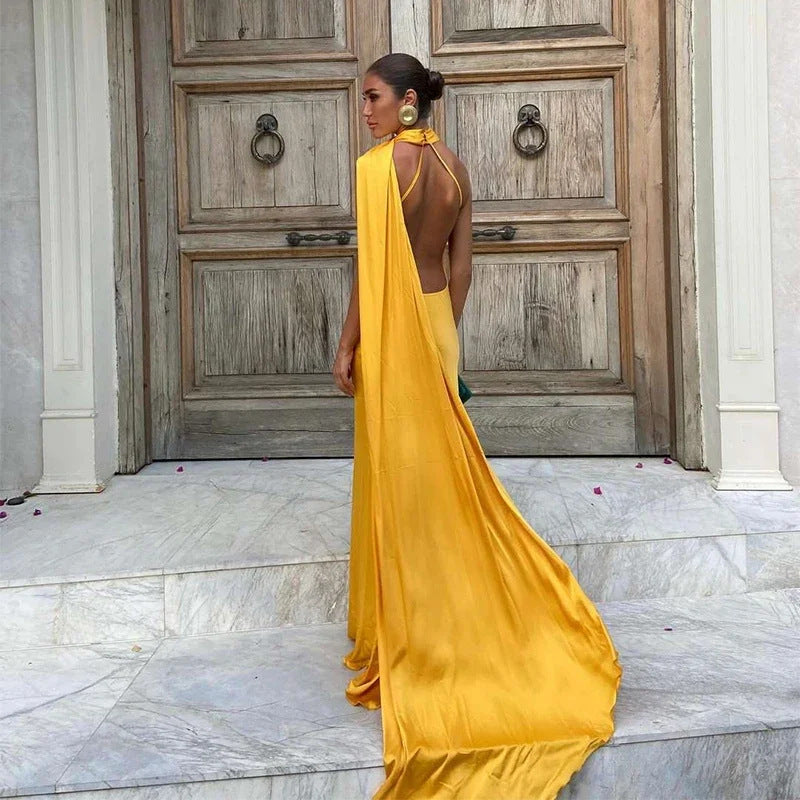Women’s Satin One-Shoulder Cocktail Maxi Dress with Open Back