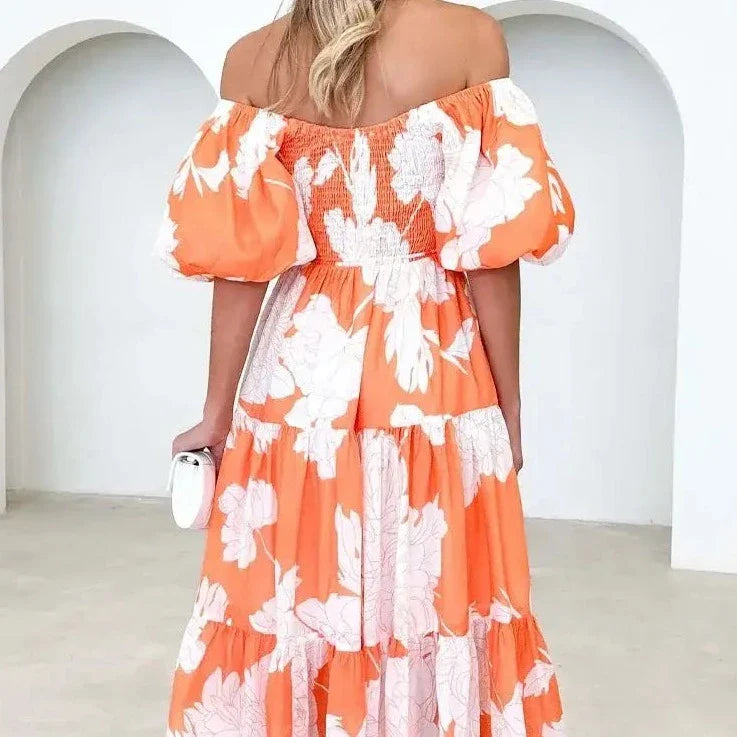 Women’s Abstract Print Puff-Sleeve Maxi Dress