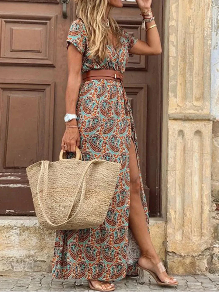 Women’s V-Neck Maxi Summer Dress with Tie Belt