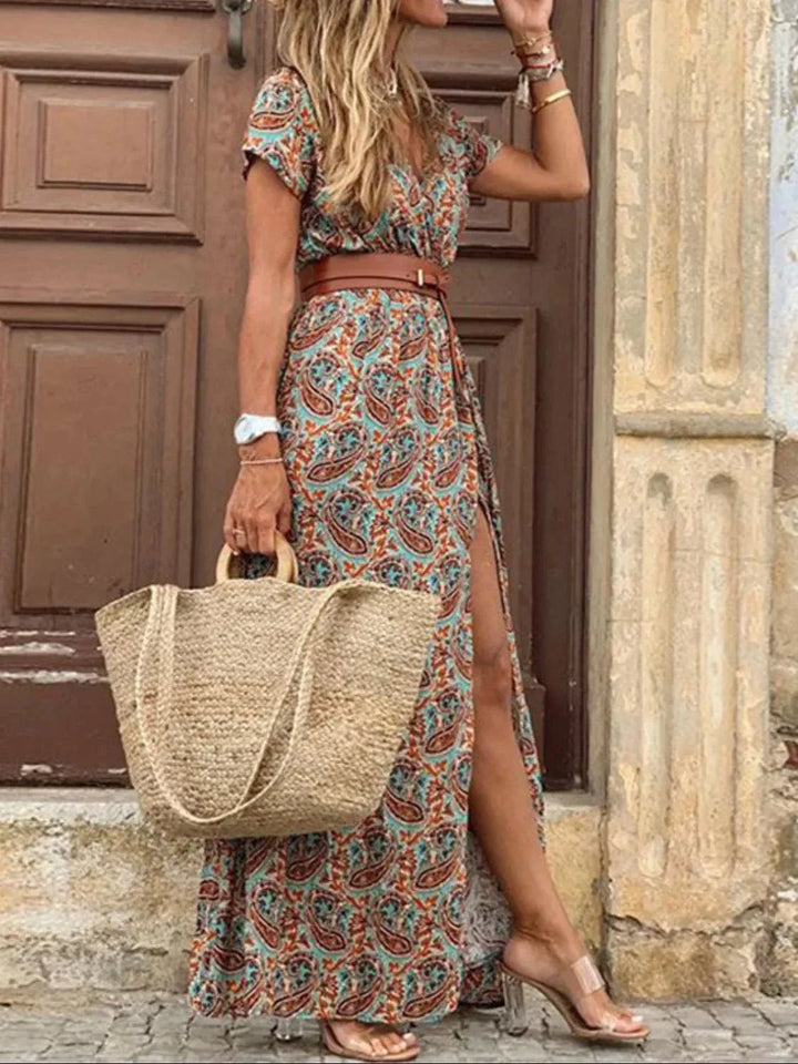 Women’s V-Neck Maxi Summer Dress with Tie Belt