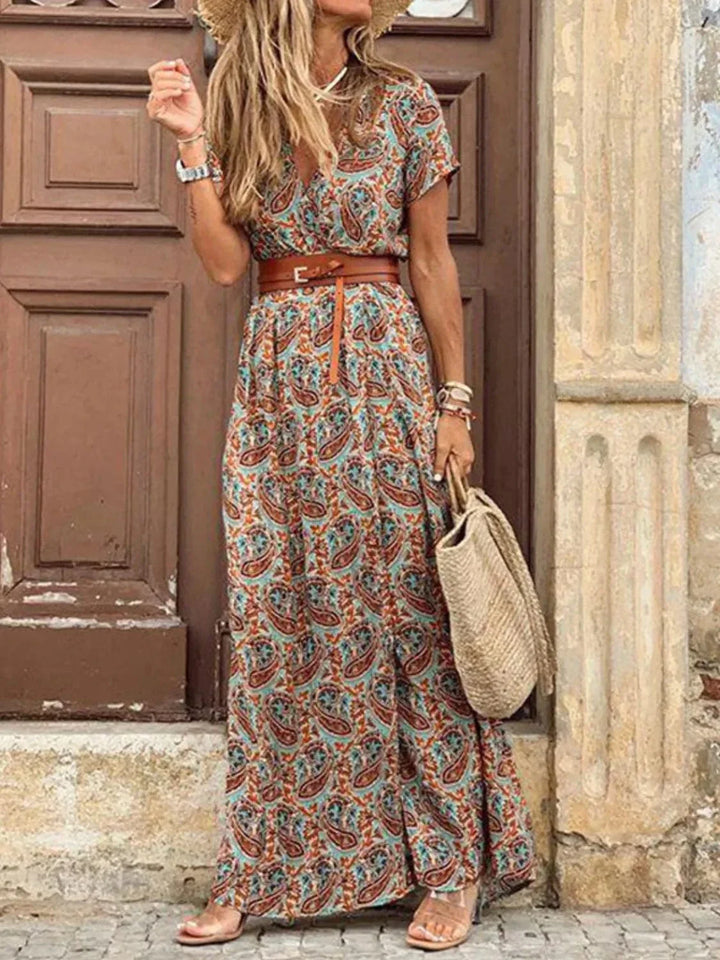 Women’s V-Neck Maxi Summer Dress with Tie Belt