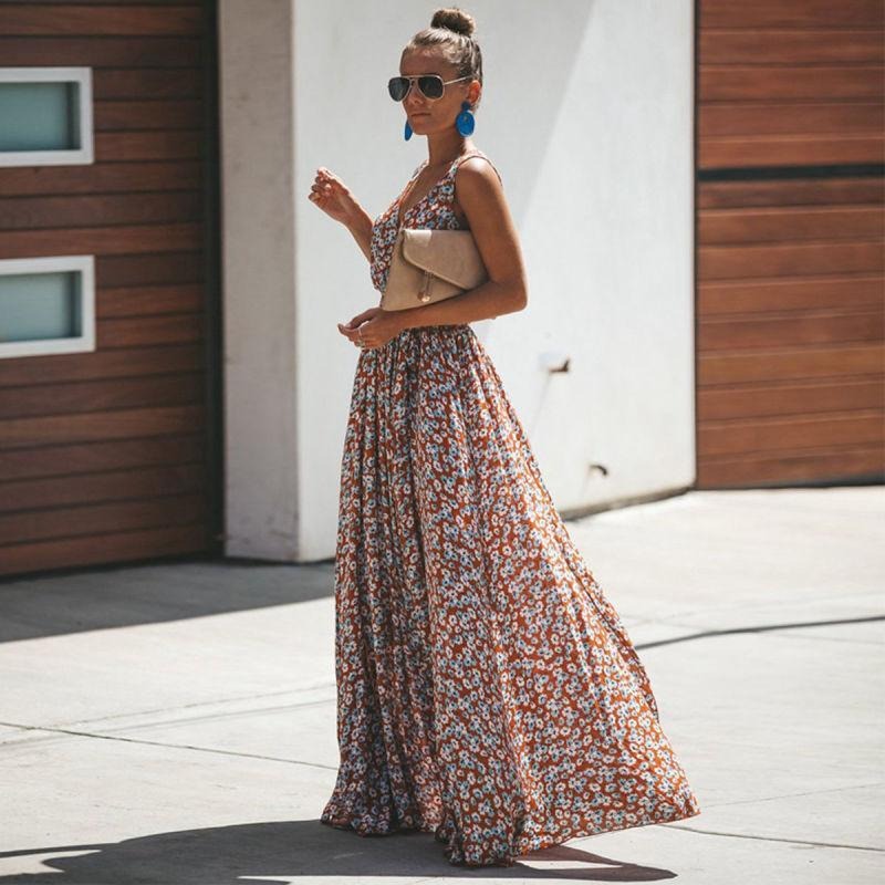 Women’s Floral Boho Maxi Dress with Waist Tie