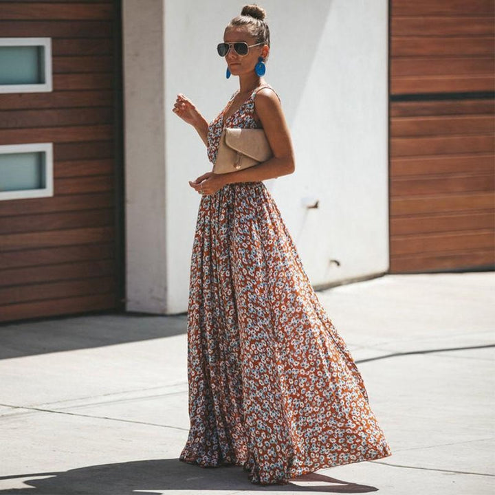 Women’s Floral Boho Maxi Dress with Waist Tie