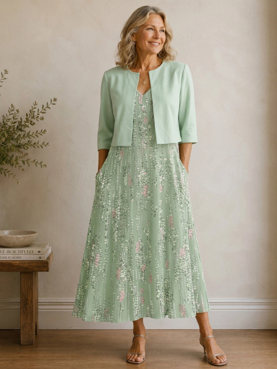Women’s Floral Midi Dress and Cropped Jacket Set