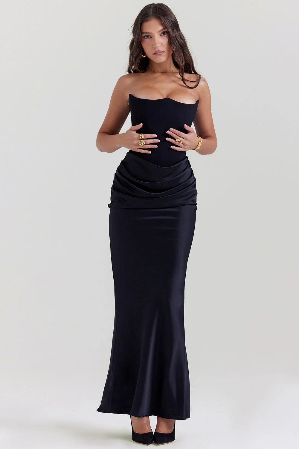 Women’s Strapless Corset Maxi Dress with Draped Hip