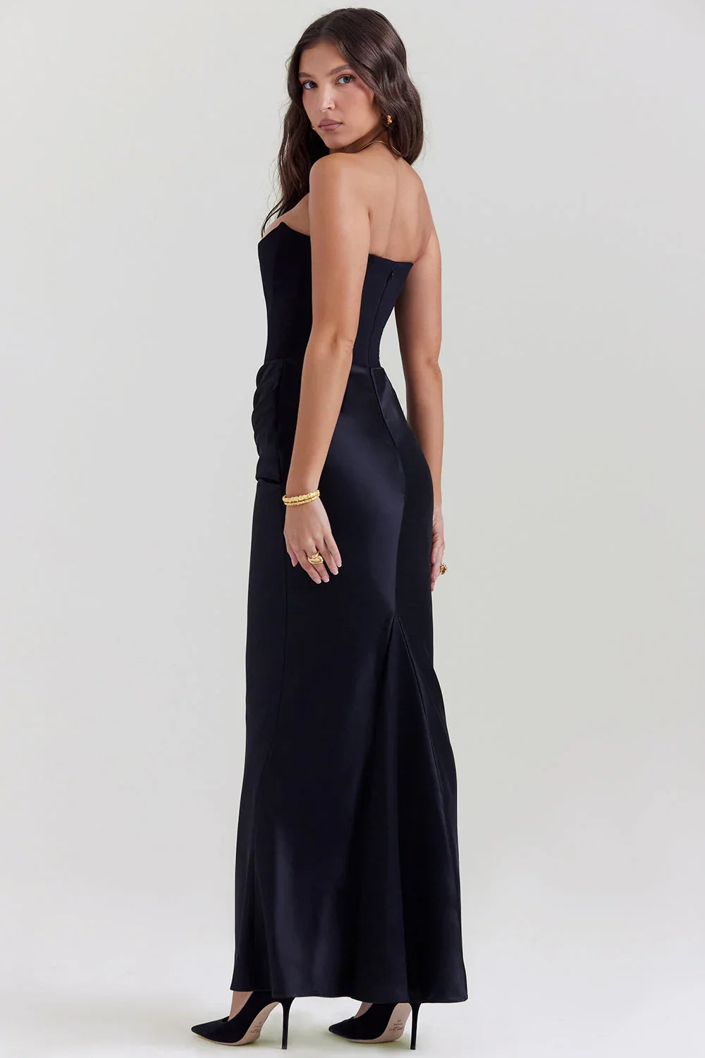 Women’s Strapless Corset Maxi Dress with Draped Hip