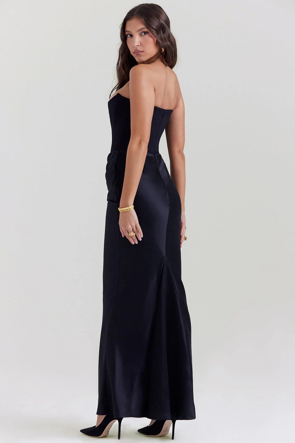 Women’s Strapless Corset Maxi Dress with Draped Hip