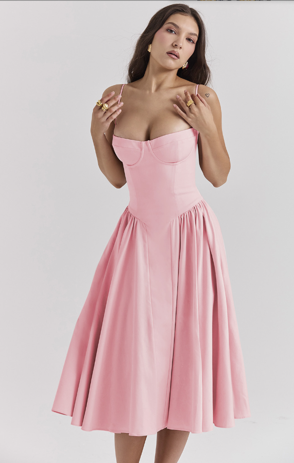 Women’s Bustier Midi Dress with Full Gathered Skirt