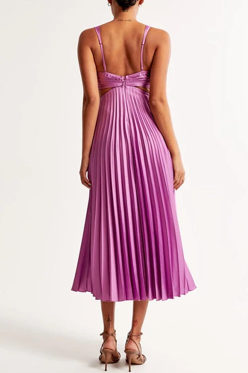 Women’s V-neck Pleated Maxi Dress with Cut-Out Waist