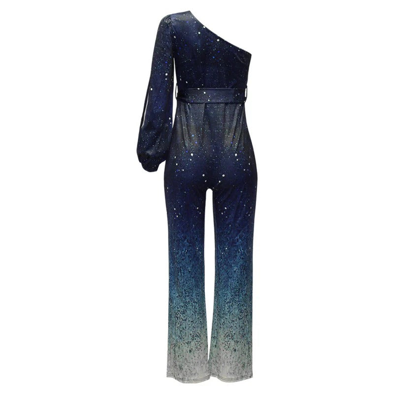 Women’s One-Shoulder Disco Jumpsuit with Wide Leg