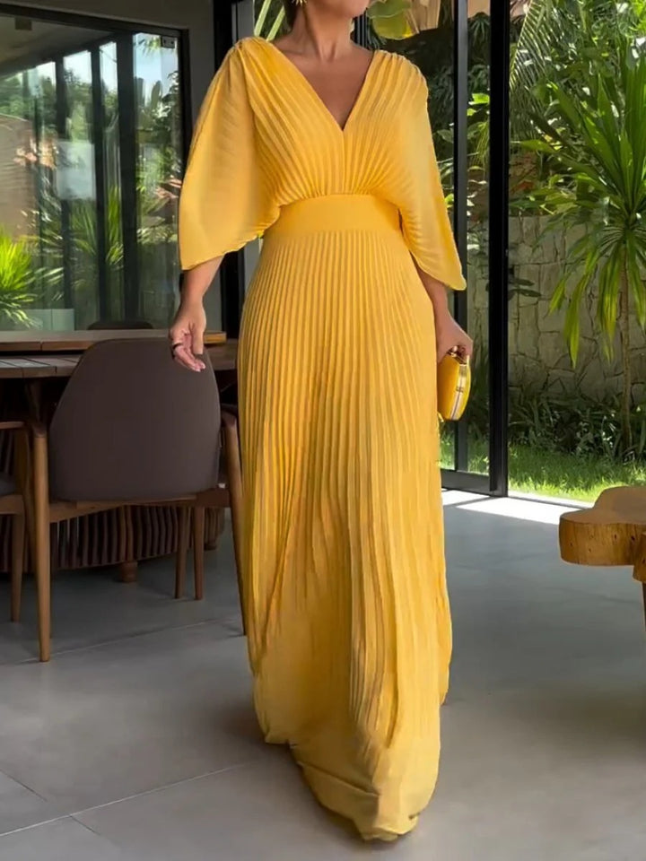 Women’s Pleated Maxi Dress with Batwing Sleeves