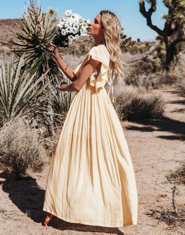 Women’s V-neck Boho Maxi Dress with Tie Waist
