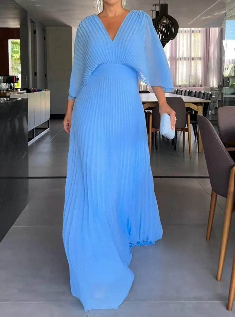 Women’s Pleated Maxi Dress with Batwing Sleeves