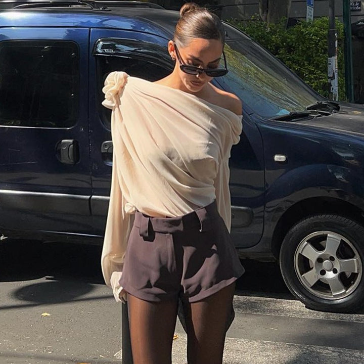 Women’s One-Shoulder Draped Chiffon Top with Lantern Long Sleeves
