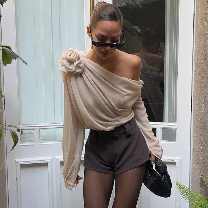 Women’s One-Shoulder Draped Chiffon Top with Lantern Long Sleeves