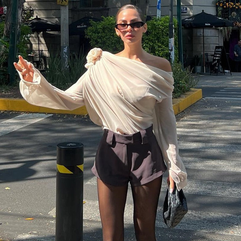 Women’s One-Shoulder Draped Chiffon Top with Lantern Long Sleeves