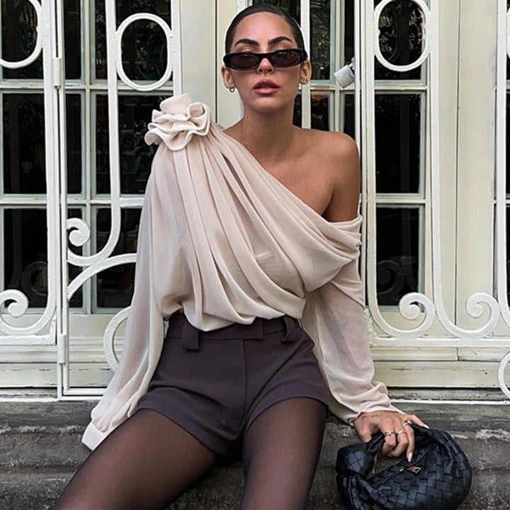 Women’s One-Shoulder Draped Chiffon Top with Lantern Long Sleeves