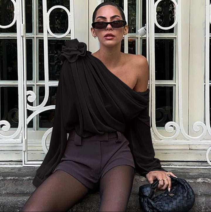 Women’s One-Shoulder Draped Chiffon Top with Lantern Long Sleeves