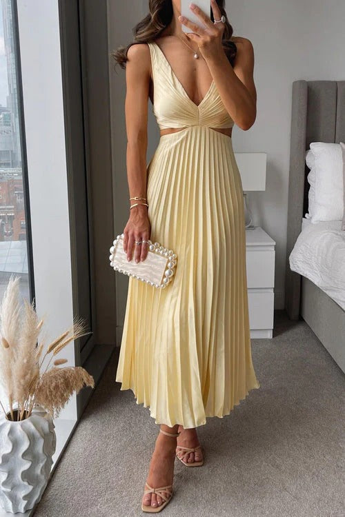 Women’s V-neck Pleated Maxi Dress with Cut-Out Waist