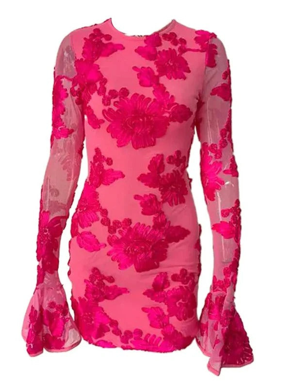 Women’s Floral Embroidered Mini Dress with Sheer Sleeves