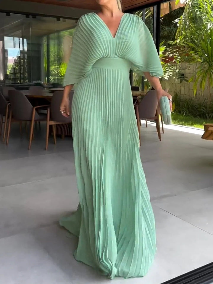 Women’s Pleated Maxi Dress with Batwing Sleeves