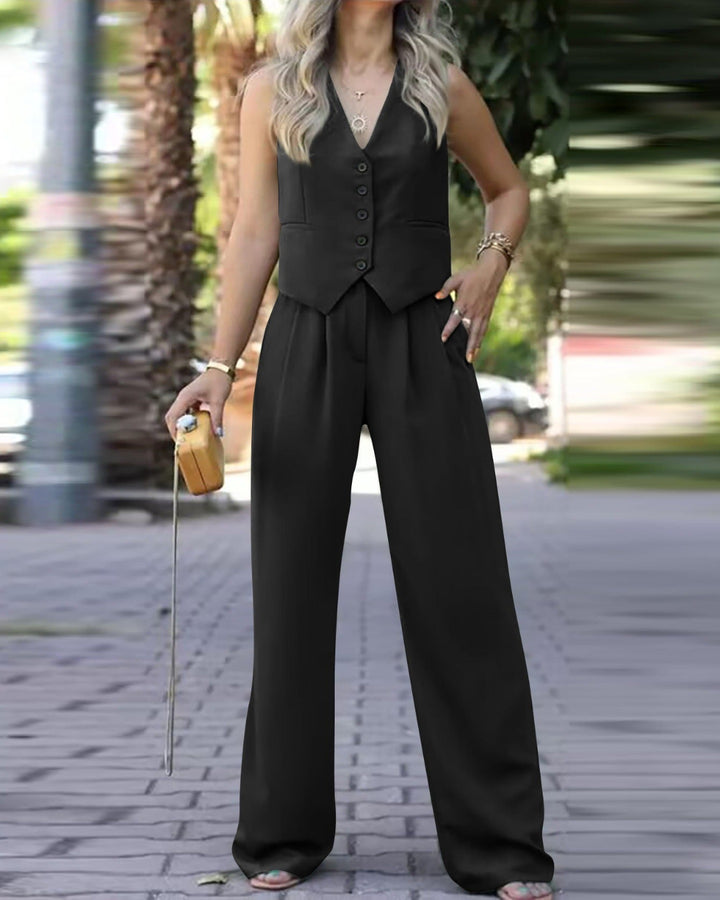 Women’s Formal with V-Neck Vest and Wide-Leg Pants