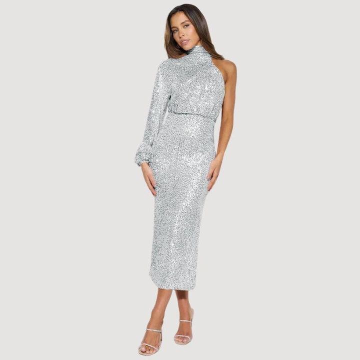 Women’s One-Shoulder Sequin Midi Dress with Side Split