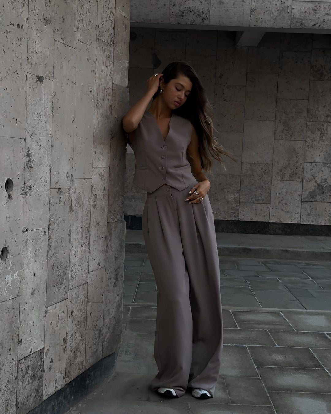 Women’s Formal with V-Neck Vest and Wide-Leg Pants