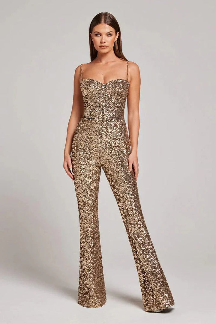 Women's Sequin Belted Jumpsuit With Flared Legs