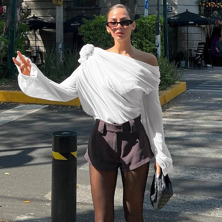 Women’s One-Shoulder Draped Chiffon Top with Lantern Long Sleeves