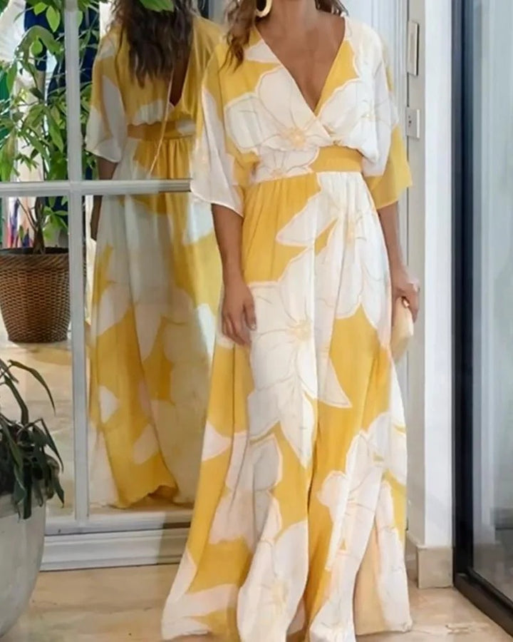 Women’s Floral Maxi Cocktail Dress with V-Neck