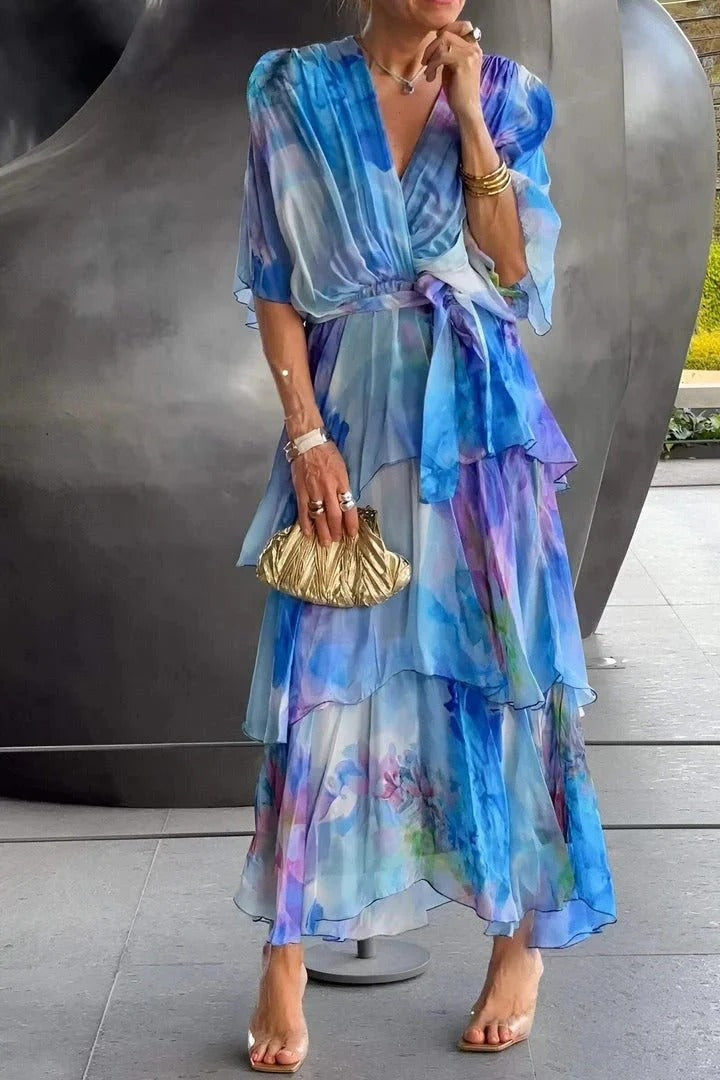 Women’s Floral Wrap Maxi Dress with V-Neck and Half Sleeves