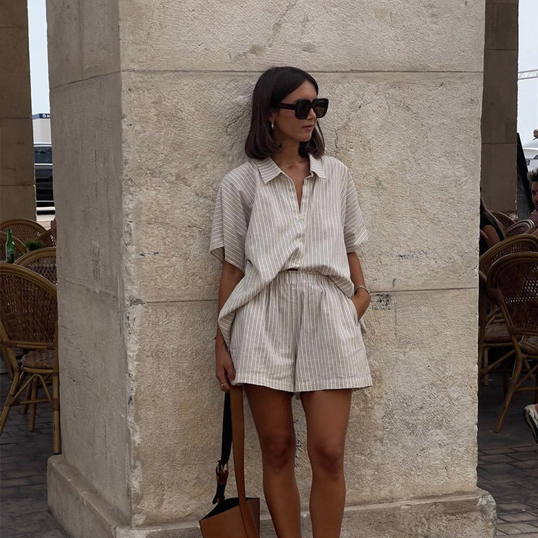 Women’s Striped Button Shirt Two Piece Set with Shorts
