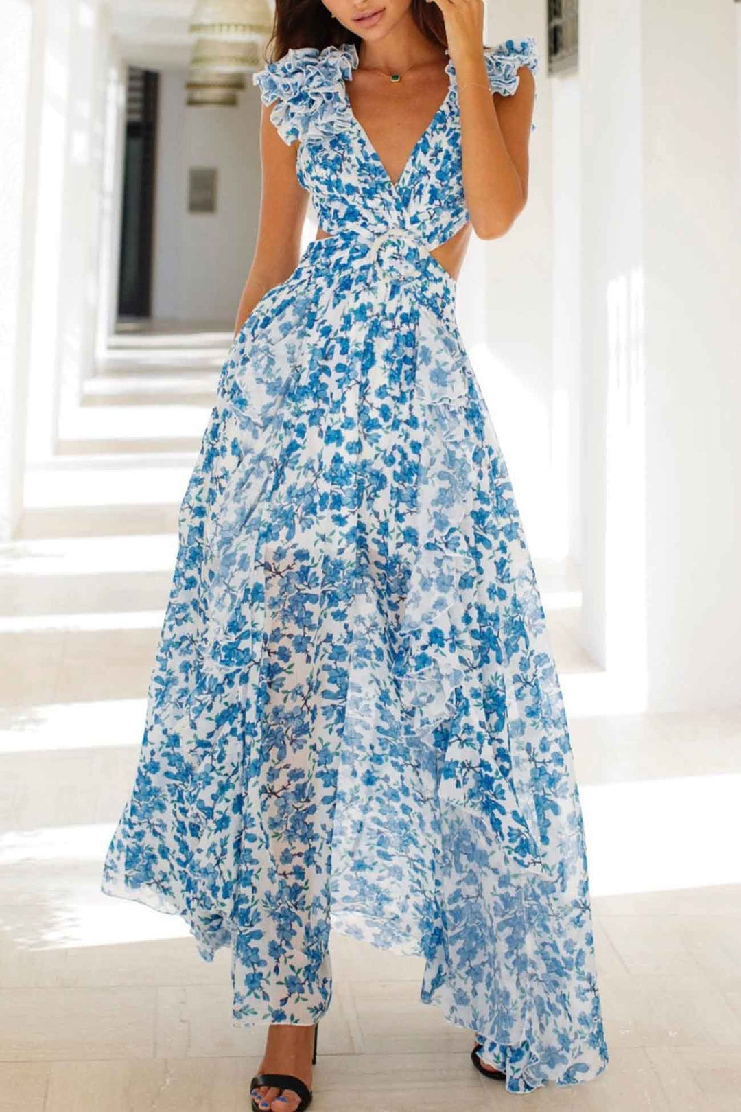 Women’s Floral Ruffle V-Neck Cut-Out Dress