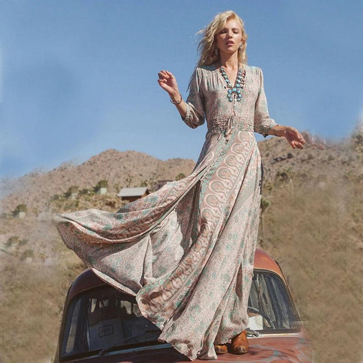 Women’s Boho V-Neck Maxi Dress with Side Slit