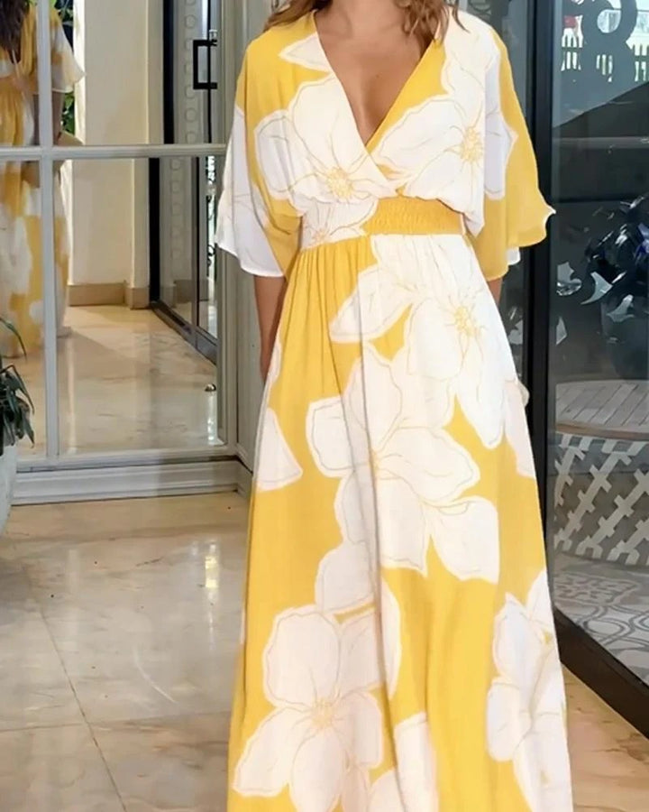 Women’s Floral Maxi Cocktail Dress with V-Neck
