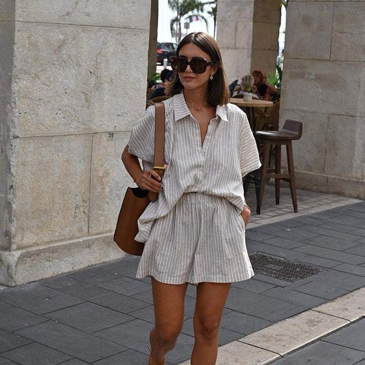 Women’s Striped Button Shirt Two Piece Set with Shorts