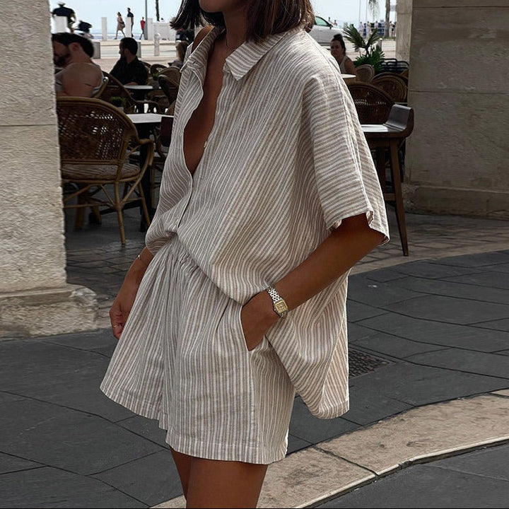 Women’s Striped Button Shirt Two Piece Set with Shorts