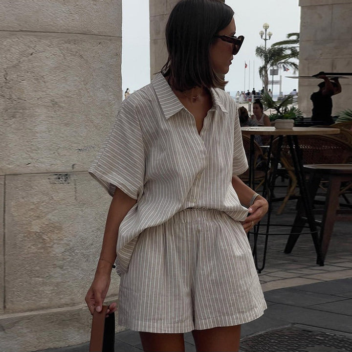Women’s Striped Button Shirt Two Piece Set with Shorts
