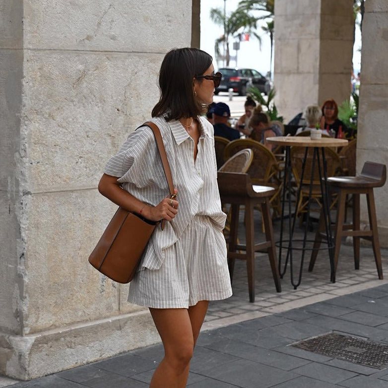 Women’s Striped Button Shirt Two Piece Set with Shorts