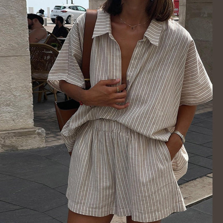 Women’s Striped Button Shirt Two Piece Set with Shorts