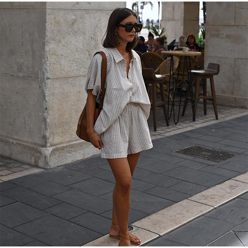 Women’s Striped Button Shirt Two Piece Set with Shorts