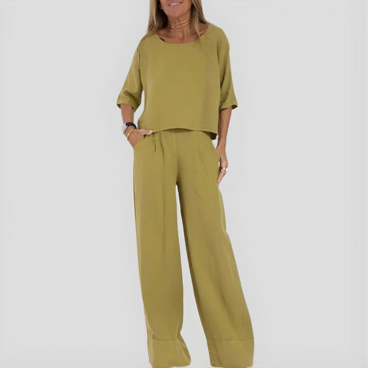 Women’s Relaxed Cotton Top Two Piece Set with Wide Leg Pants