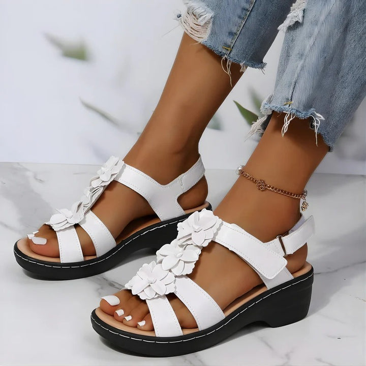 Women’s Floral Open Toe Summer Mid Wedge Sandals with Back Strap