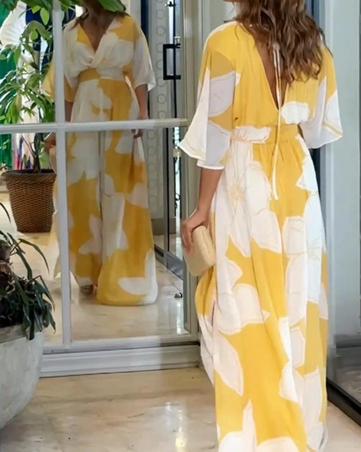 Women’s Floral Maxi Cocktail Dress with V-Neck