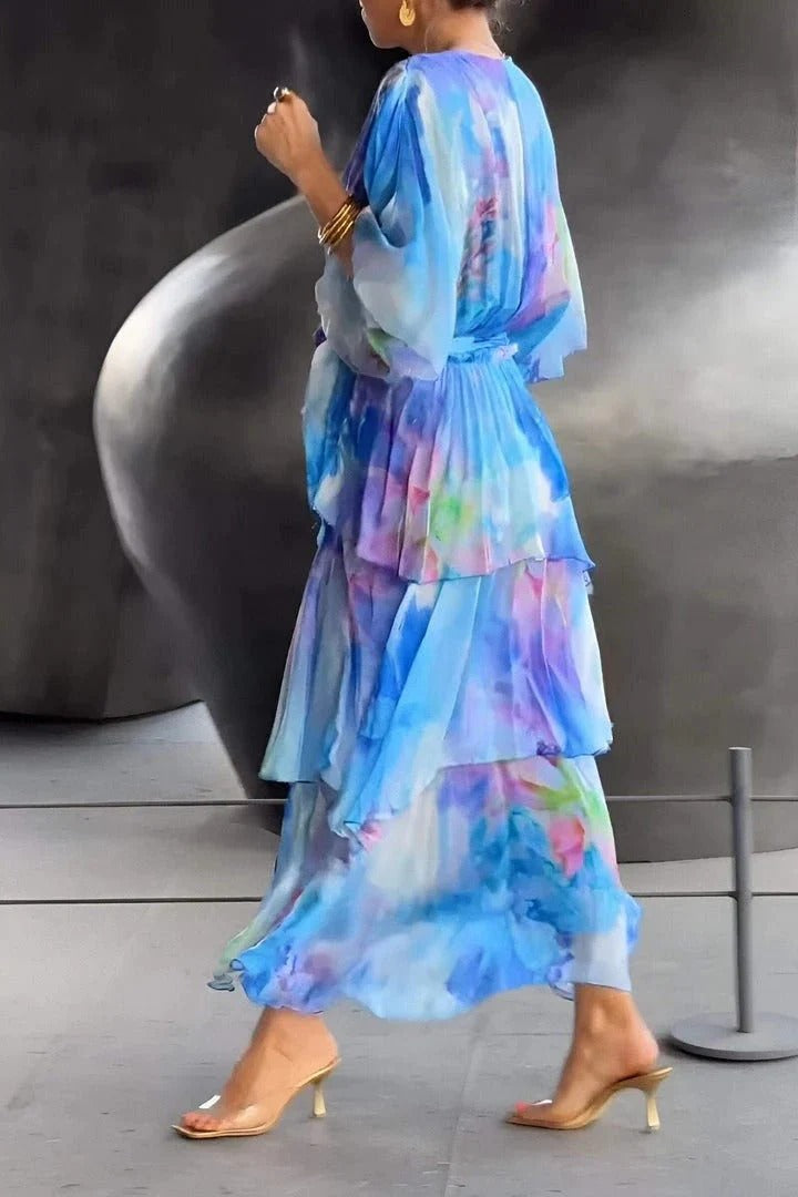Women’s Floral Wrap Maxi Dress with V-Neck and Half Sleeves