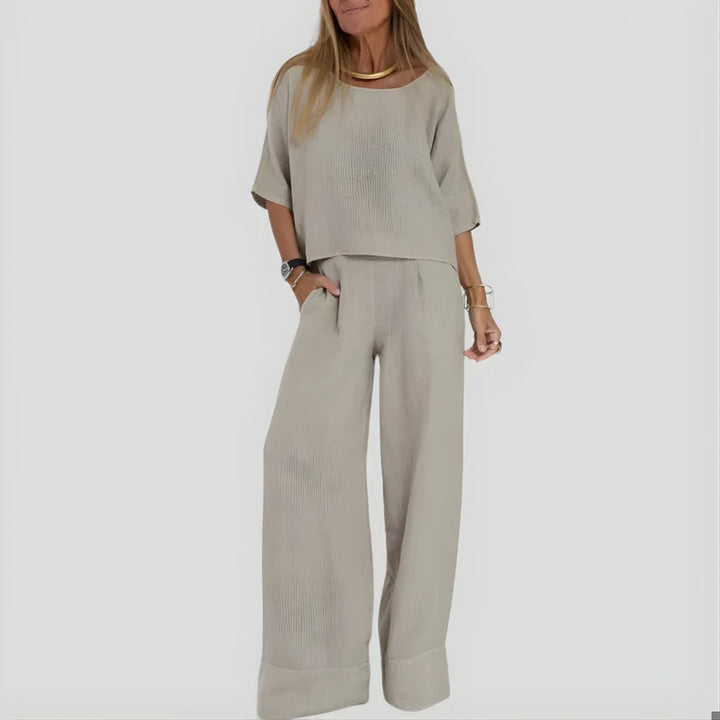Women’s Relaxed Cotton Top Two Piece Set with Wide Leg Pants